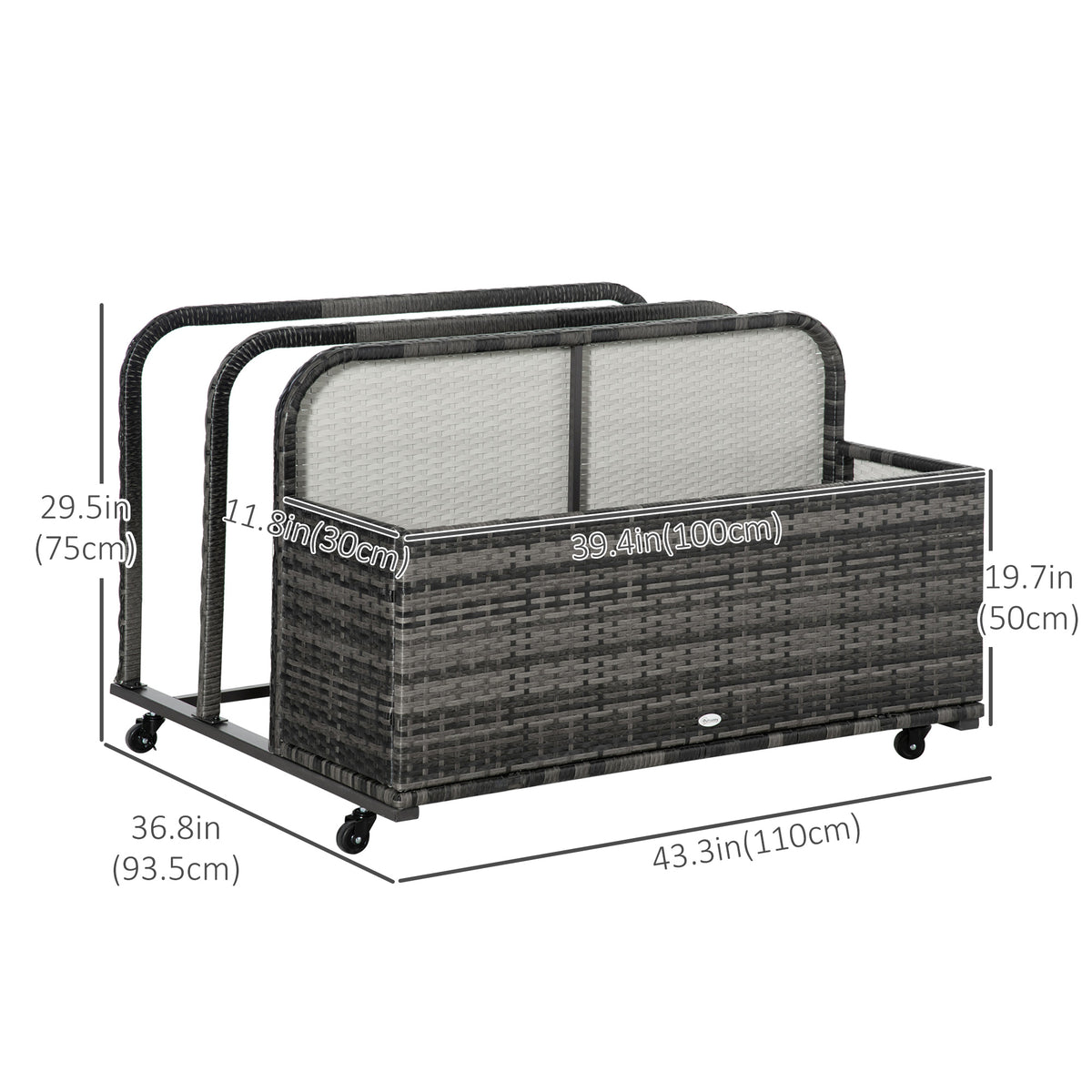 Rolling Pool Storage Rattan Patio Furniture Outdoor Storage Wicker Organizer for Floats, Paddles, Balls, Towels, Grey