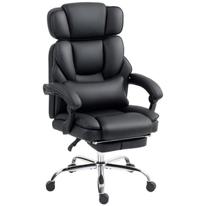 PU Leather Office Chair, Reclining Desk Chair with Footrest, Adjustable Headrest, Lumbar Support, Swivel Wheels, Black