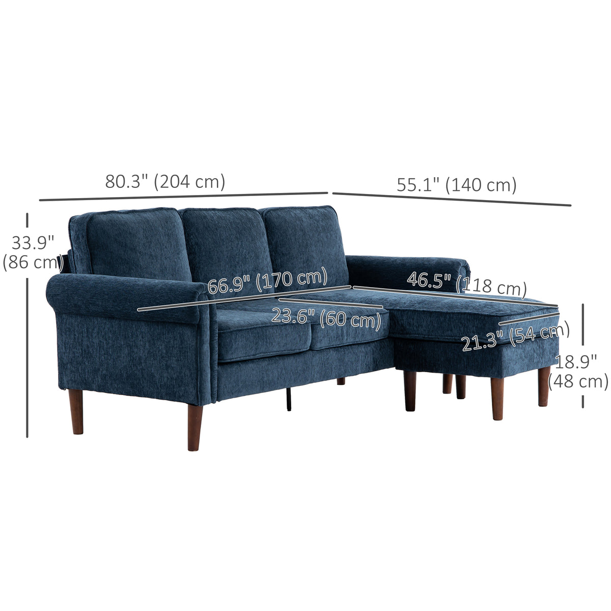 L Shape Sofa, Modern Sectional Couch with Changeable Chaise Lounge, Wooden Legs, Corner Sofa for Living Room, Dark Blue