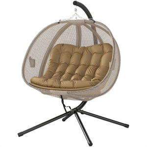 Double Egg Chair with Stand, 2 Person Hanging Swing Egg Chair with Cushion, Pockets, Khaki