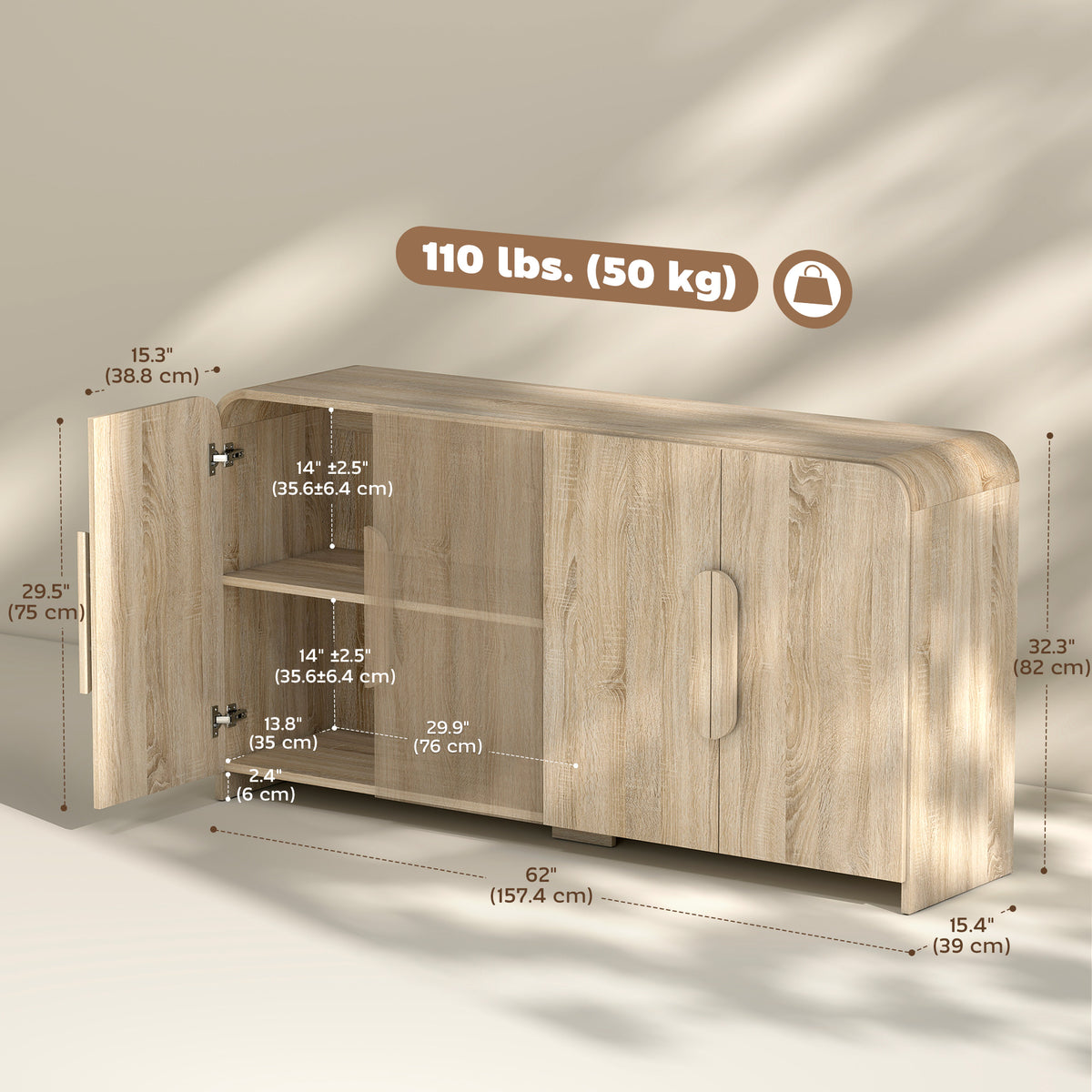 Sideboard Buffet Cabinet, 62" Modern Kitchen Storage Cabinet with Soft-Close Doors and Adjustable Shelves, Natural Wood