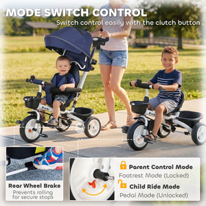 Qaba 6 in 1 Toddler Tricycle with Parent Push Handle, Canopy, Storage Baskets, Cupholder, Dark