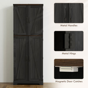 64" Tall Kitchen Pantry Cabinet with Spice Racks and Adjustable Shelves, Black Wood Grain