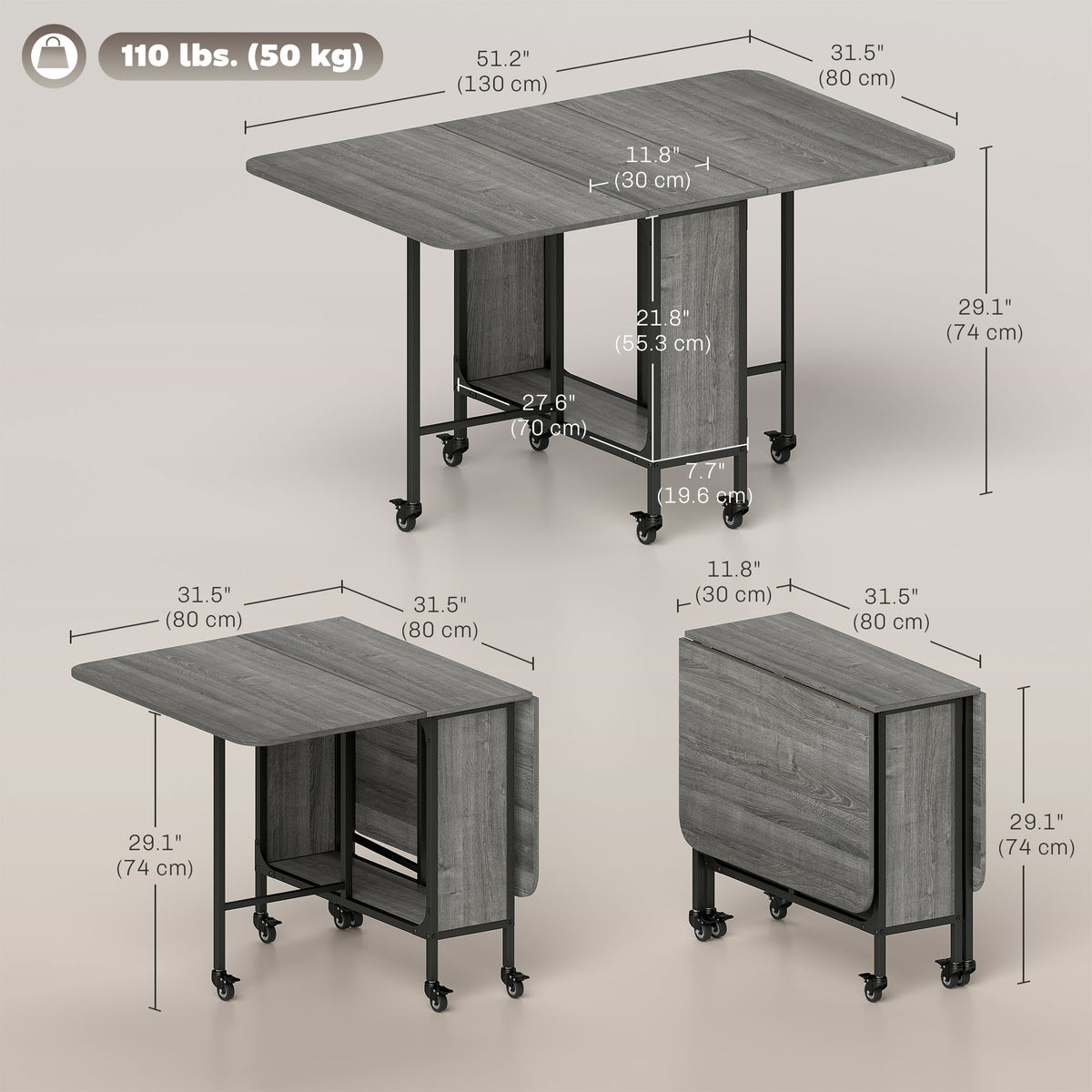 Folding Dining Table, Extendable Kitchen Table for Small Spaces with Storage Shelf and 6 Wheels – view 2