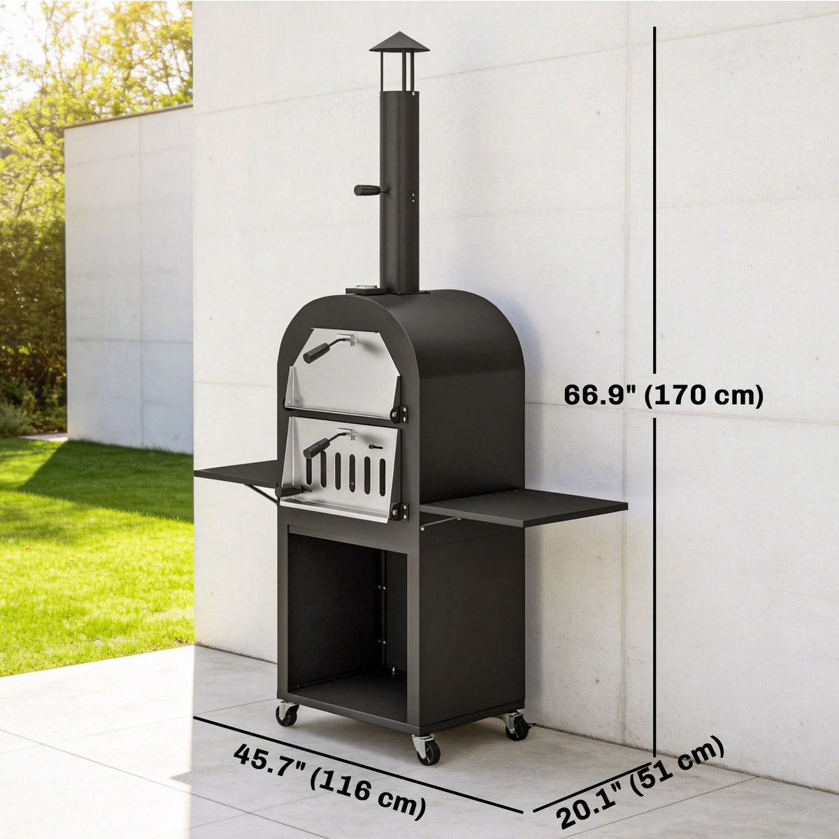 Outdoor Wood Fired Pizza Oven with Side Shelves and Open Cabinet, Pizza Maker on Wheels with Thermometer, Stone, Peel