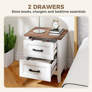 Farmhouse Nightstand Set of 2, Bedside Tables with 2 Drawers, Wood-Effect Top, White