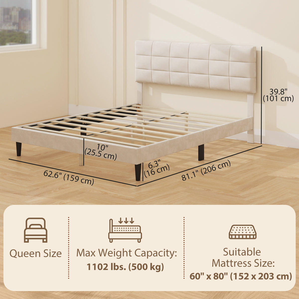 Queen Size Bed Frame with Upholstered Headboard, Modern Platform Bed Frame with Wood Slats, 1100 lbs Capacity, Cream