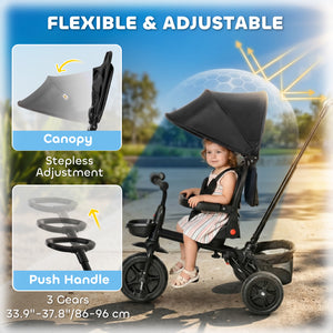 Qaba Tricycle for Toddler 5 in 1 Kids Trike, Foldable Converts Stroller to Toddler Bike, Adjustable Backrest & Curved Canopy, Detachable Guardrail & Handle for 1-5 Years Old