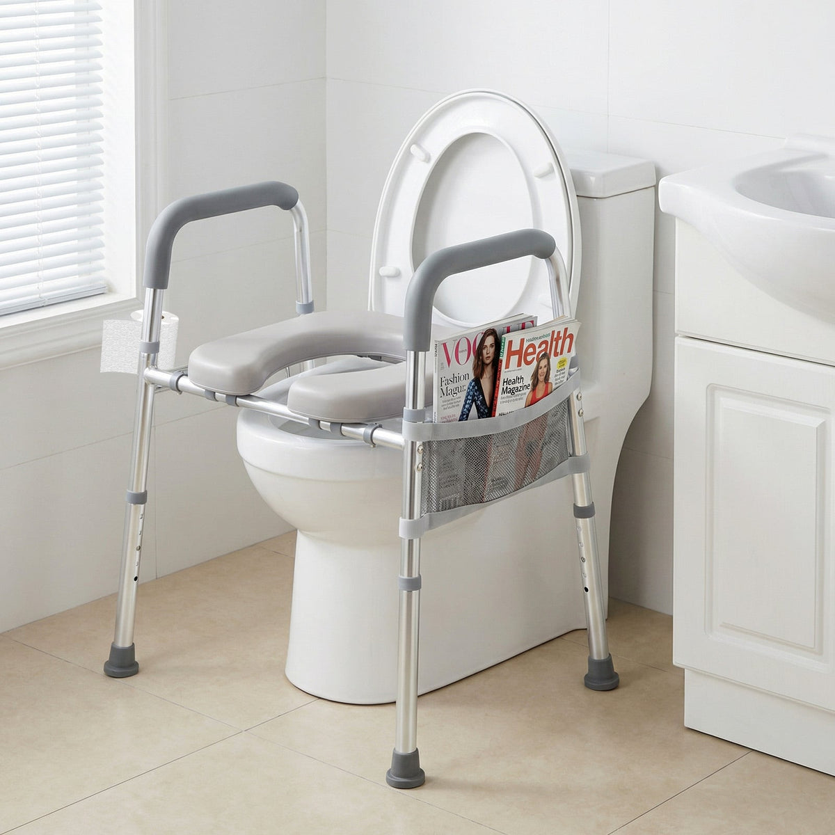 Raised Toilet Seat with Handles and Padded Arms for Seniors-Silver view 2