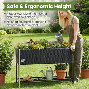Raised Wicker Garden Bed with Storage Shelf and Removable Liner-Black view 8