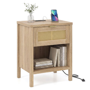 Rattan Nightstand with Charging Station and Storage Shelf for Bedroom-Oak view 4