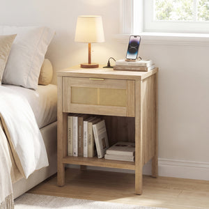 Rattan Nightstand with Charging Station and Storage Shelf for Bedroom-Oak view 2
