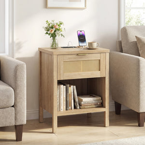 Rattan Nightstand with Charging Station and Storage Shelf for Bedroom-Oak view 3