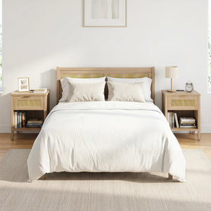 Rattan Nightstand with Charging Station and Storage Shelf for Bedroom-Oak view 6