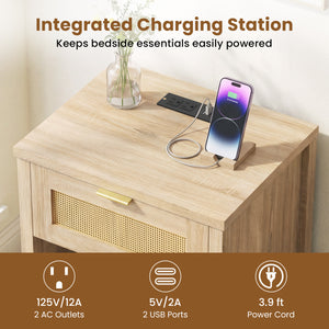 Rattan Nightstand with Charging Station and Storage Shelf for Bedroom-Oak view 7