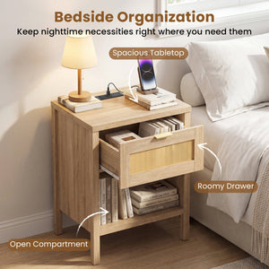 Rattan Nightstand with Charging Station and Storage Shelf for Bedroom-Oak view 8