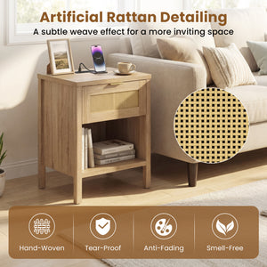 Rattan Nightstand with Charging Station and Storage Shelf for Bedroom-Oak view 9