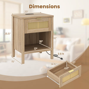 Rattan Nightstand with Charging Station and Storage Shelf for Bedroom-Oak view 5