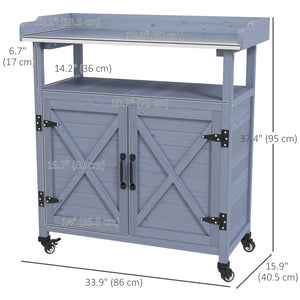 Outdoor Wooden Potting Bench with Storage Cabinet, Aluminum Tabletop, Rubber Wheels for Backyard, Patio, Balcony, Grey