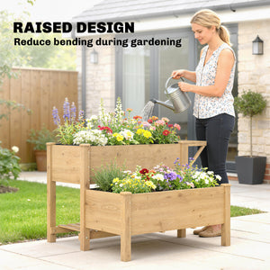 Wooden Raised Garden Bed, 2-Tier Raised Planter with Storage Shelf, Side Board, Drainage Holes and Liner