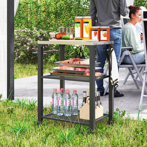 3-Shelf Outdoor Grill Cart Table with Side Handle, Stainless Steel Pizza Oven Stand on Wheels, Black – view 21
