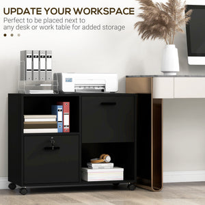 Mobile Printer Stand, Lateral File Cabinet with Lock, Filing Cabinet with Hanging Bars for Letter, A4 Size, Black