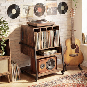 Record Player Stand on Wheels Rolling Turntable Stand with Power Outlets-Rustic Brown view 7