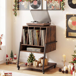 Record Player Stand on Wheels Rolling Turntable Stand with Power Outlets-Rustic Brown view 3