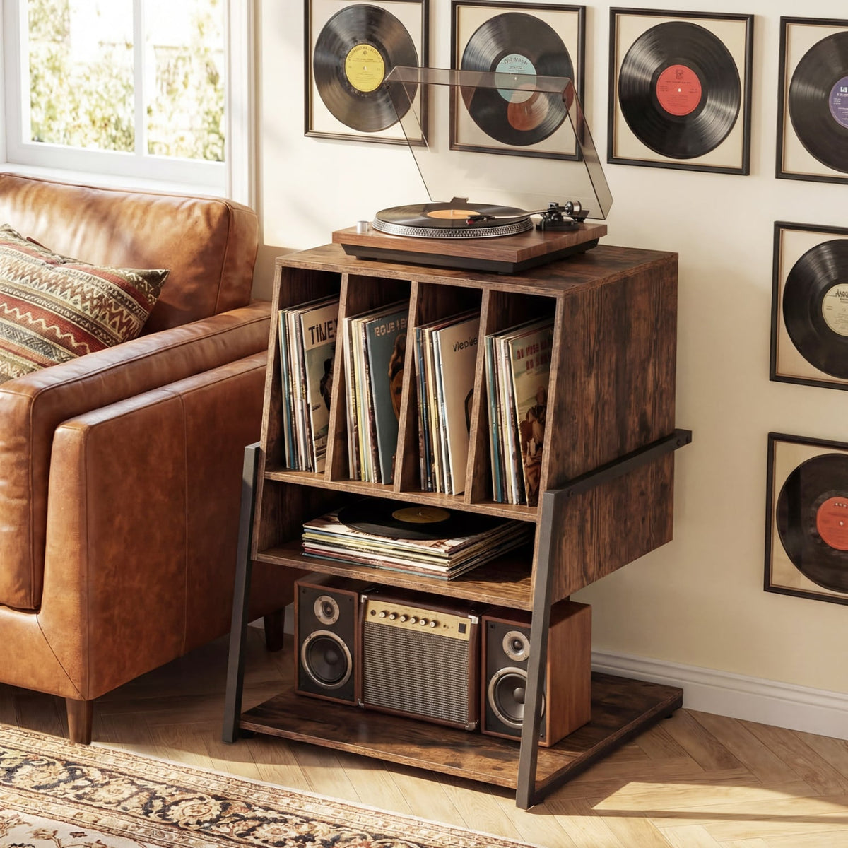 Record Player Stand on Wheels Rolling Turntable Stand with Power Outlets-Rustic Brown view 2