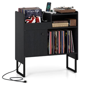 Record Player Stand with Power Outlets and Vinyl Storage Holder up to 250 Albums-Black view 4