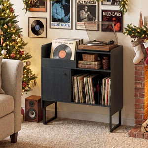 Record Player Stand with Power Outlets and Vinyl Storage Holder up to 250 Albums-Black view 6