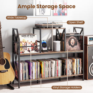 Record Player Stand with Power Outlets and Vinyl Storage and Dividers for Albums-Rustic Brown view 6