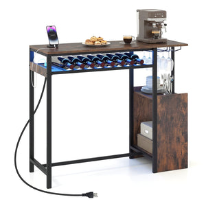 Rectangular Bar Table with Charging Station and LED Light-Rustic Brown