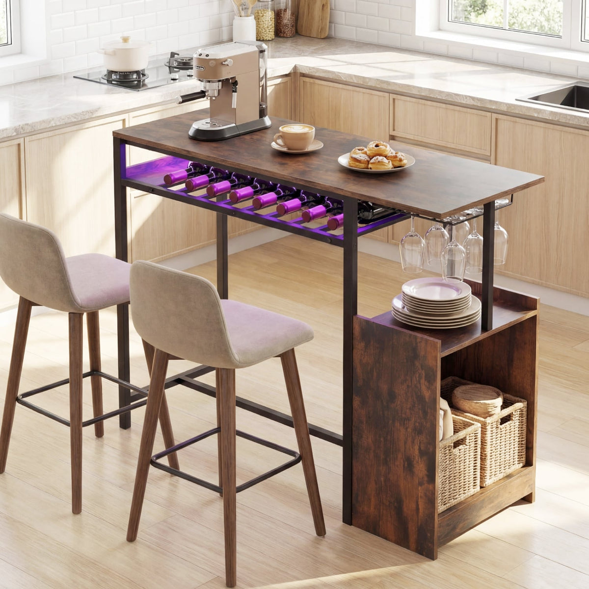 Rectangular Bar Table with Charging Station and LED Light-Rustic Brown view 2
