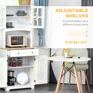 Coastal Style Kitchen Buffet and Hutch Wooden Storage Cupboard with Framed Glass Door LouveredCabinet Drawers Microwave Space for Dining Room Living Room White