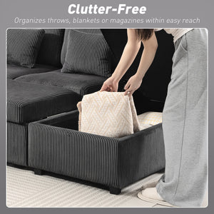 Convertible Sofa Bed, Corduroy U-Shaped Sleeper Sofa Couch with Storage Chaise, Pillows, Spring, Futon Couch, Grey