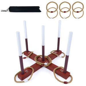 Ring Toss Game for Kids and Adult with 6 Rope Rings and Storage Bag-Brown