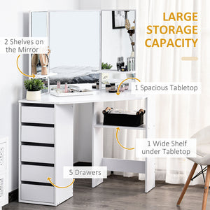 Corner Vanity Desk with Mirror, Makeup Vanity Table with 5 Drawers and Open Shelves – view 10