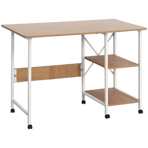 Folding Computer Desk with Storage Shelves, Study Writing Table Laptop Desk with 6 Wheels for Bedroom Home Office Workstation, Natural