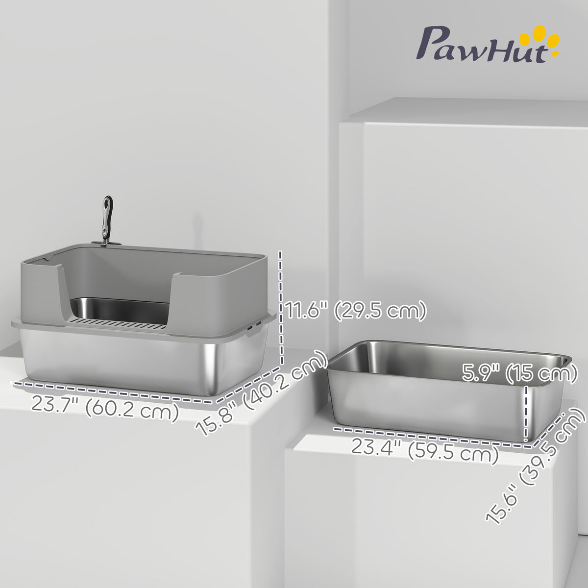 Stainless Steel Litter Box, XL High Sided Cat Litter Box with Scoop, Anti Leakage & Easy to Clean, 24" x 16" x 12", Grey