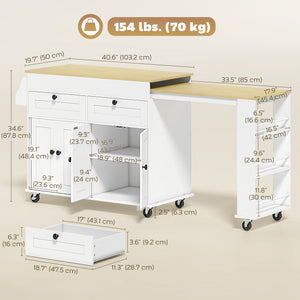Kitchen Island with Sliding Expandable Top, Rolling Kitchen Cart with Drawers, Cabinets & Spice Rack, White