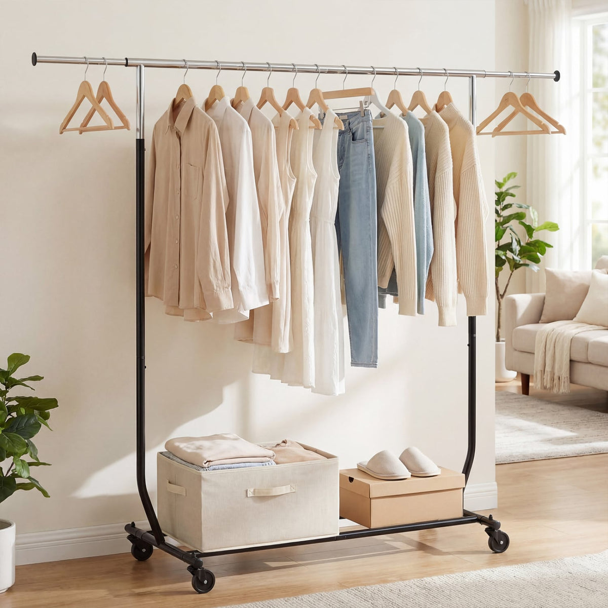 Rolling Clothes Rack Extendable Garment Stand for Hanging Clothes view 2