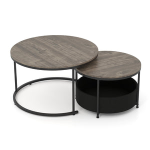 Round Coffee Table Set of 2 31.5 inches and 24 inches Circle Cocktail Table with Fabric Storage Basket-Gray view 4