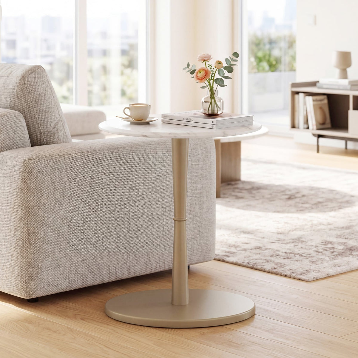 Round Marble Side Table with Stone Finish and Wooden Base for Small Spaces-White and Gold view 2