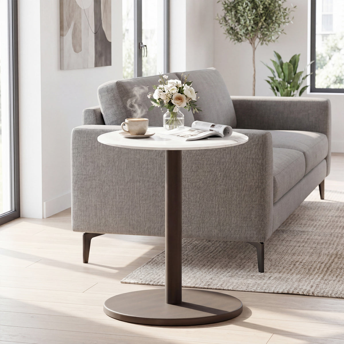 Round Marble Side Table Pedestal End Table with Stone Finish and Wooden-Black & White view 2