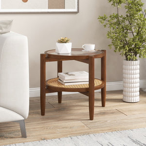 Round Rattan Side End Table with Tempered Glass Tabletop-Walnut view 3