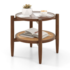 Round Rattan Side End Table with Tempered Glass Tabletop-Walnut
