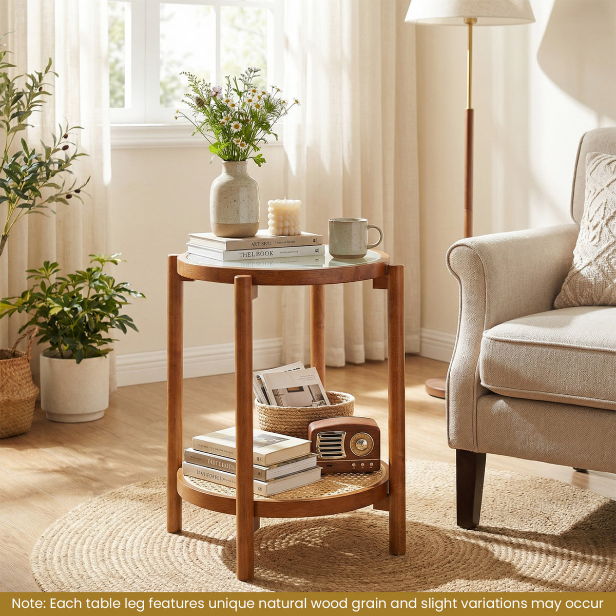 Round Side Table 2-Tier Boho End Table with Tempered Glass Top-Walnut view 2