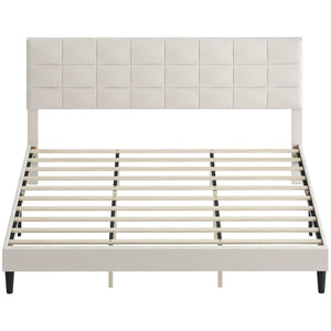 Queen Size Bed Frame with Upholstered Headboard, Modern Platform Bed Frame with Wood Slats, 1100 lbs Capacity, Cream