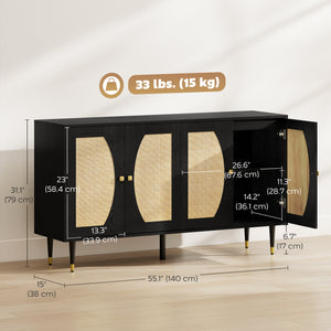 55" Sideboard Buffet Cabinet, Boho Storage Cabinet with Adjustable Shelves, Soft Close Doors and Rattan Front, Black